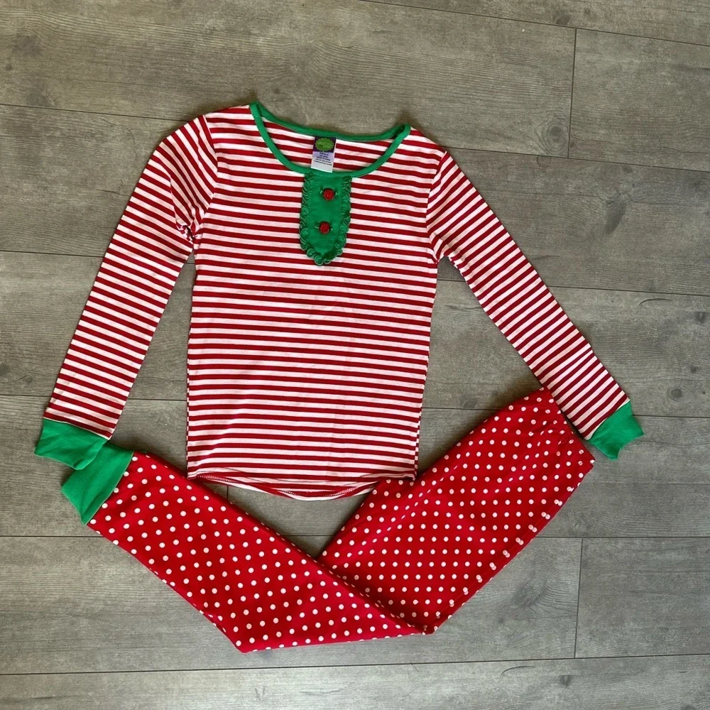 New Dollie & Me Girls Ultra Soft Polka Dot Stripes Red White Green Pajama Set